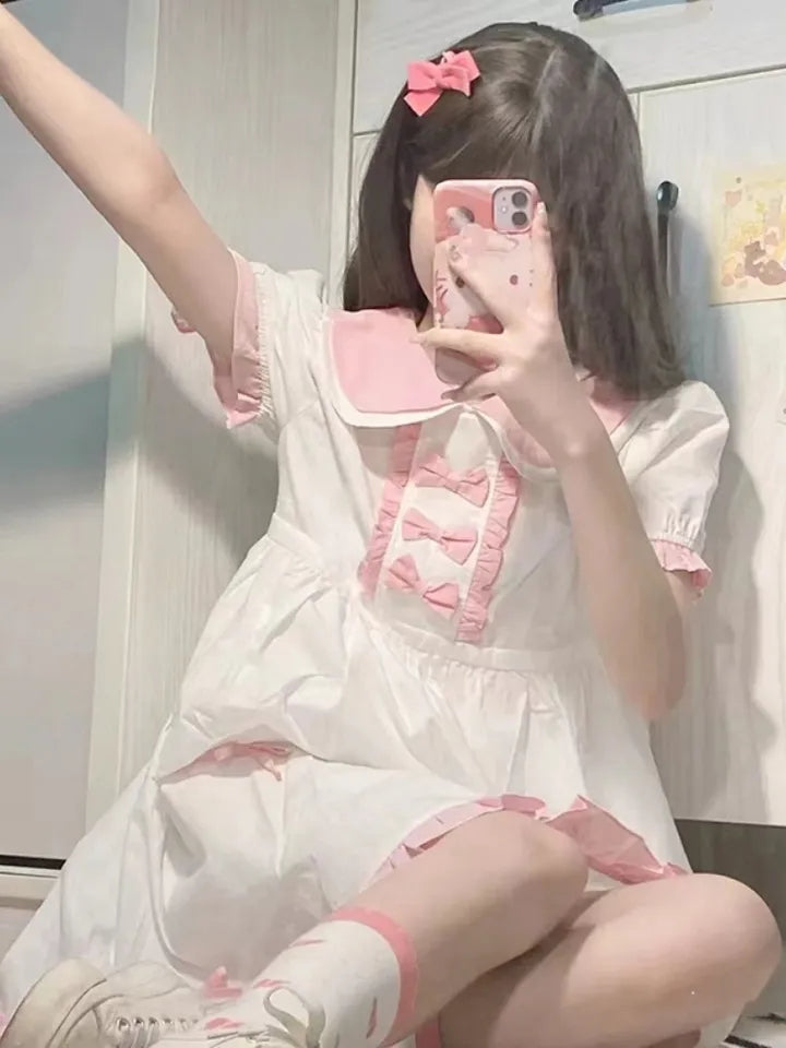 Sweet Pink Bow Short Sleeve Dress