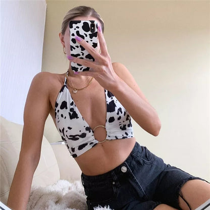 Cute Cow Print V Neck Crop Top Sleeveless Shirt Sling Halter Summer Aesthetic Casual E-Girl Kawaii Korean Japanese Harajuku