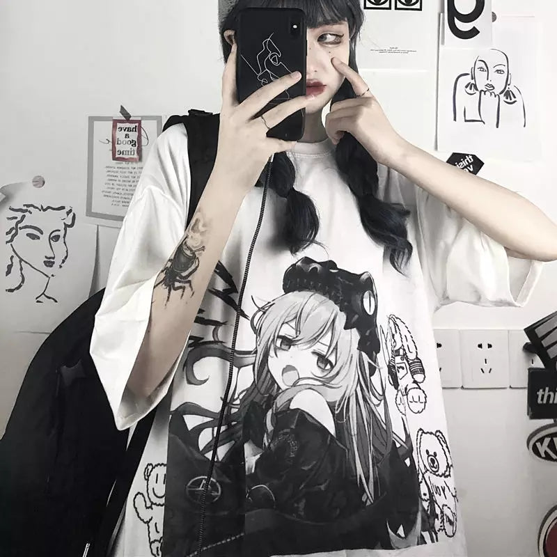 Cute White Anime Girl Graphic Print Loose Short Sleeve Shirt Goth Punk Aesthetic Casual E-Girl Kawaii Korean Japanese Harajuku