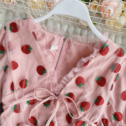 Cute Sexy Pink Strawberry Glitter Sparkle Mesh V Neck Blouse Puff Short Sleeve Shirt Summer Casual E-Girl Kawaii Korean Japanese Harajuku Streetwear