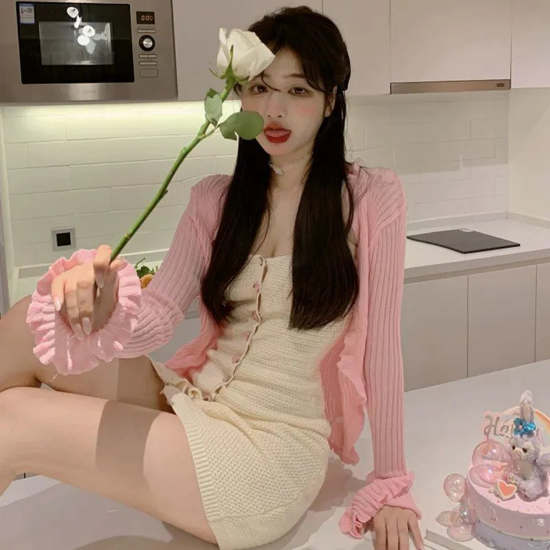 2PCS Rose Button Knit Dress + Cardigan