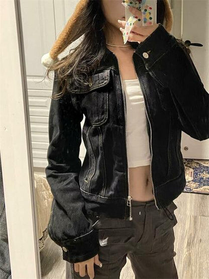 Black Denim Turn Down Collar Jacket