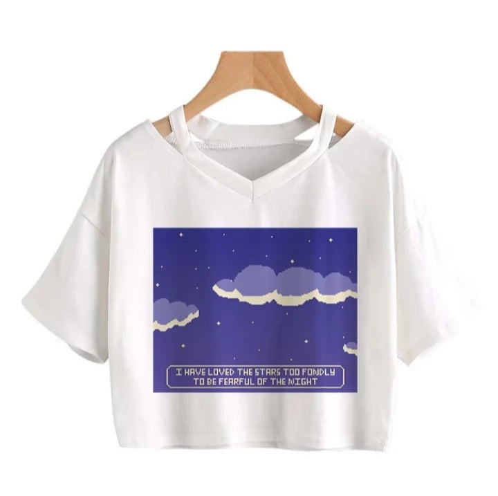 Cute Vintage Mountain Road Moon Night Sky Print Crop Top Short Sleeve Shirt Aesthetic Casual E-Girl Kawaii Korean Japanese Harajuku