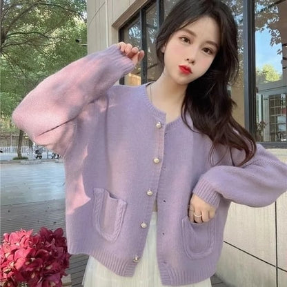 Purple Single Breasted Pocket Loose Cardigan