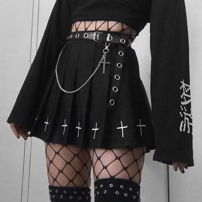 Cute Black Cross Print Goth Punk Pleated High Waisted Mini Skirt Bottom E-Girl Kawaii Korean Japanese Harajuku Retro Streetwear