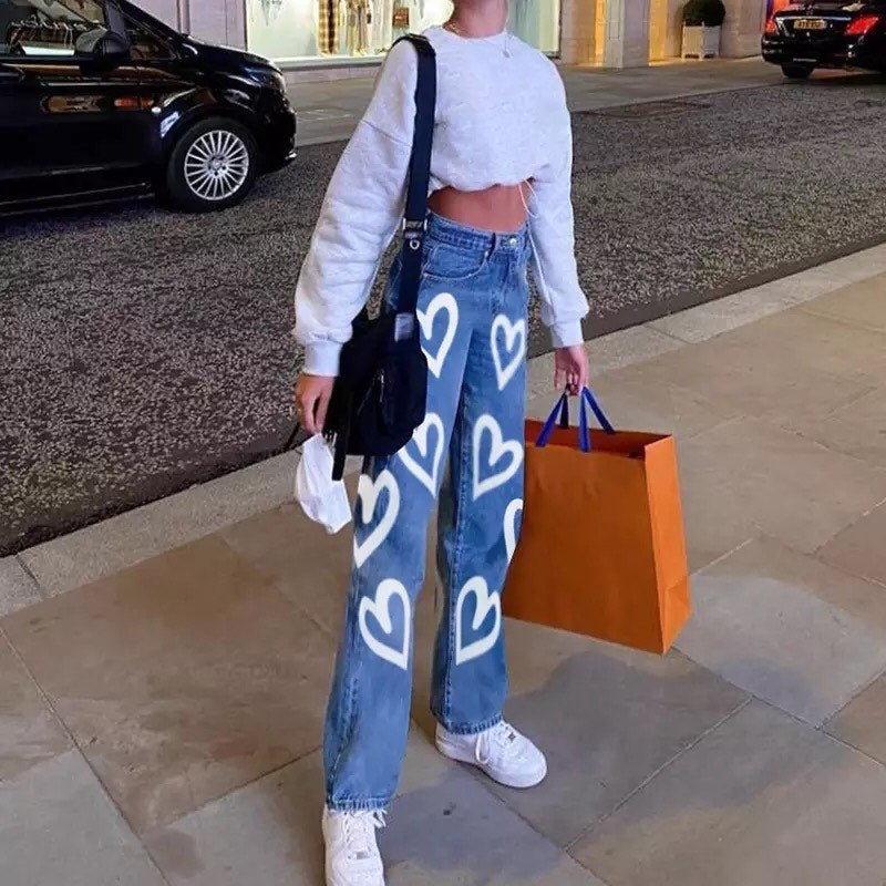 Cute 90s Vintage Heart Print Baggy Mom Jeans Denim High Waisted Trousers Pant Aesthetic Summer Party E-Girl Kawaii Korean Japanese Harajuku Streetwear