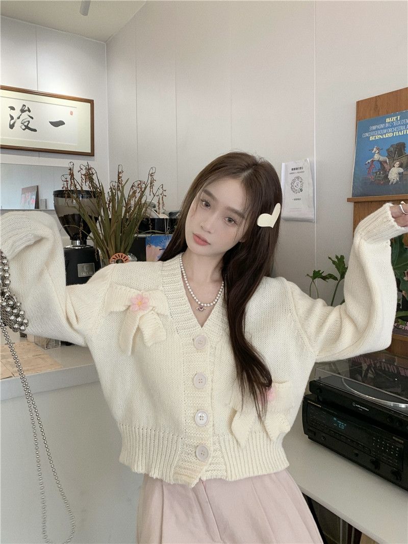 White Bow Knit Cardigan Sweater