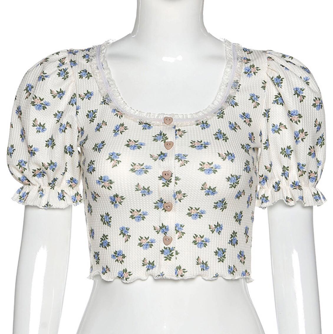 Sweet Floral Print Puff Bell Sleeve Short T-shirt Button Round Neck Crop Top Summer Aesthetic Casual E-Girl Kawaii Korean Japanese Harajuku