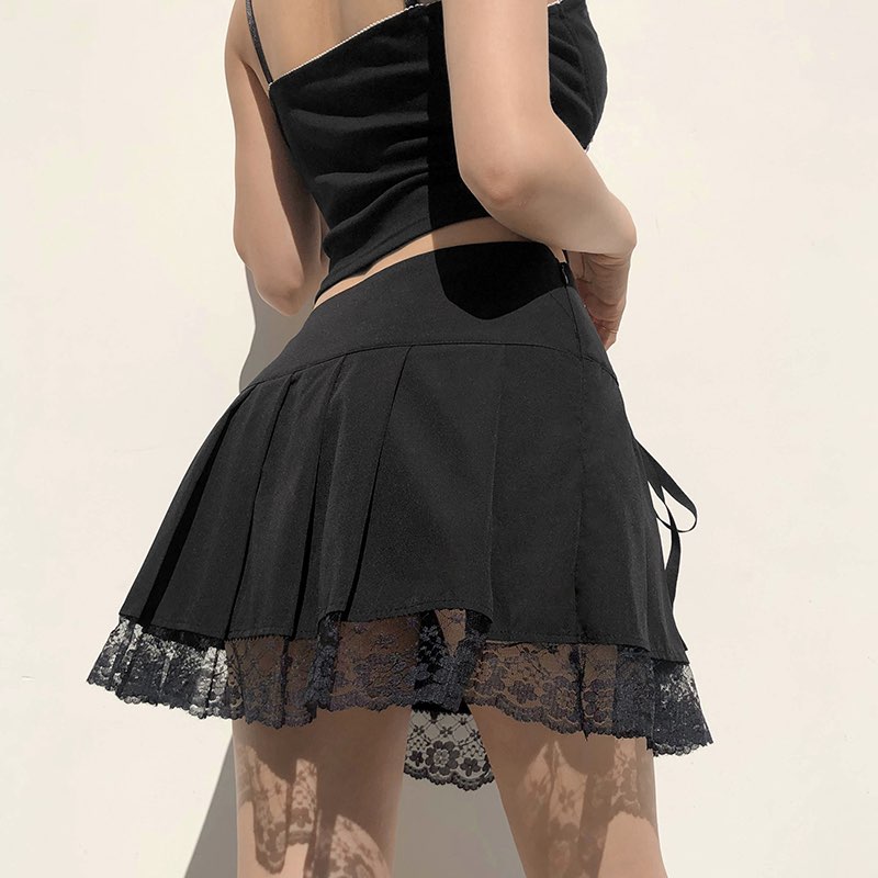 Cute Vintage Lace Trim Ribbon Bow Tie Up Pleated High Waisted Skirt Punk Goth E-Girl Kawaii Korean Japanese Harajuku Streetwear