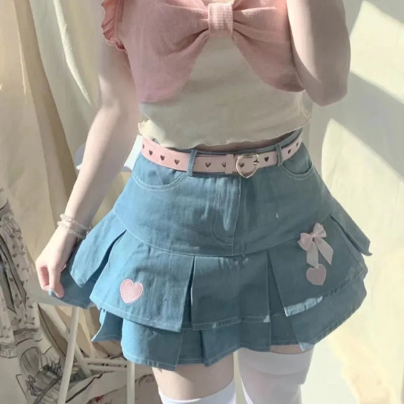 Heart Embroidery Blue Denim Skirt