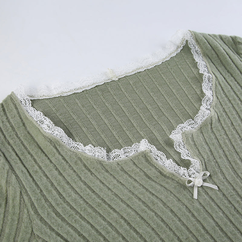 Green Lace Split Patchwork Long Sleeve T-shirt