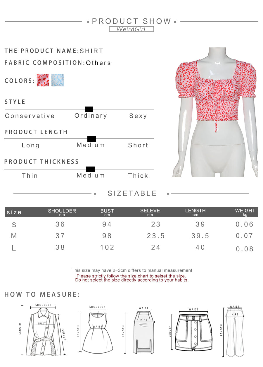 Cute Floral Butterfly Puff Tie Up Crop Top Short Sleeve Shirt Tee T-shirt Kawaii Korean Japanese Harajuku Chinese Retro Streetwear Aesthetic Fashion