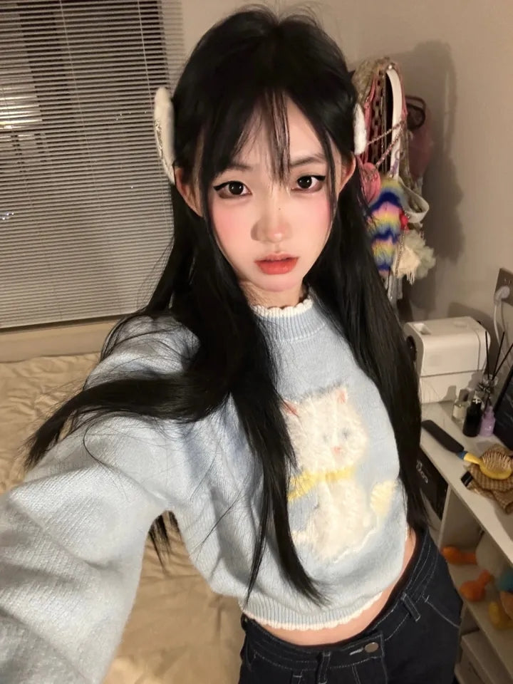 Kitten Print Cropped Sweater