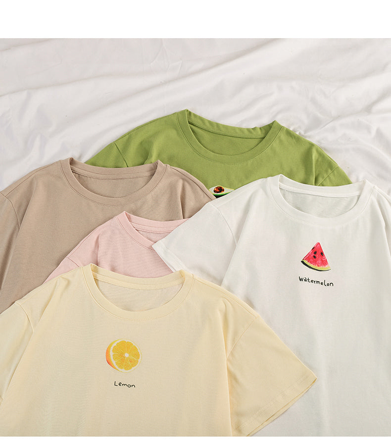 Cute Summer Casual Fruit Print O Neck Short Sleeve Tee Shirt T-shirt Top Loose Oversized E-Girl Kawaii Korean Japanese Harajuku Retro Streetwear