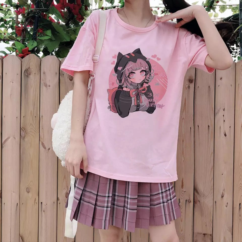Cute Cat Anime Girl Cartoon Print Oversized Loose Short Sleeve Shirt Tee T-shirt Summer Casual E-Girl Kawaii Korean Japanese Harajuku Streetwear