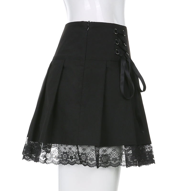 Black Bow Lace Up Pleated Mini Skirt