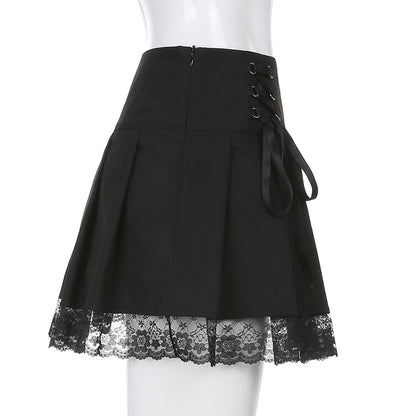 Black Bow Lace Up Pleated Mini Skirt