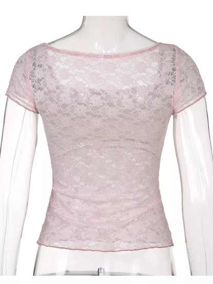 Cute Sweet Pink Lace Trim Short Sleeve Shirt Crop Top Summer Aesthetic Casual E-Girl Kawaii Korean Japanese Harajuku
