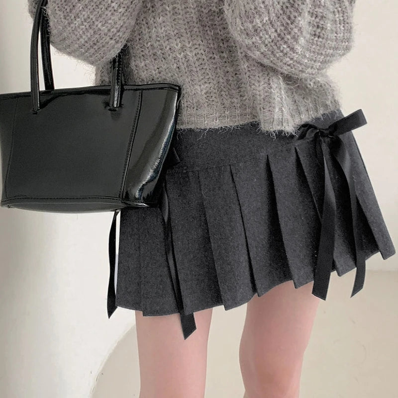 Grey Bow Double Layer Mini Skirt