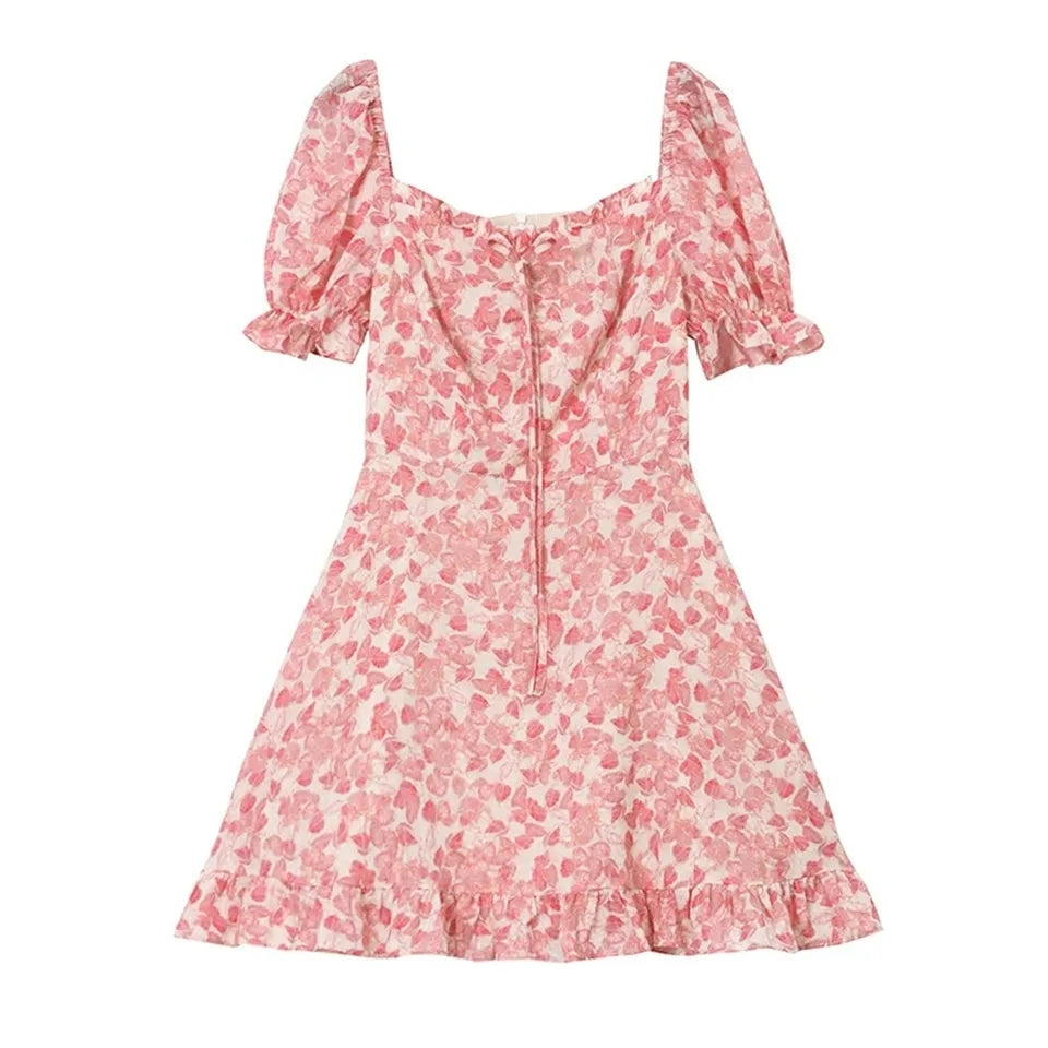 Pink Flower Ruffle Puff Sleeve Dress
