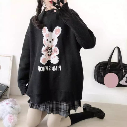 Bunny Knit Casual Sweater Sweatshirt Loose Jumper Long Sleeve Pullover Top Punk Goth E-Girl Kawaii Korean Japanese Harajuku Streetwear