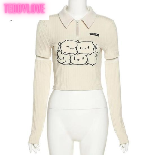 Cute Beige Cat Cartoon Embroidery Long Sleeve Detachable Shirt Crop Top Kpop Punk Summer Aesthetic Casual E-Girl Kawaii Korean Japanese Harajuku