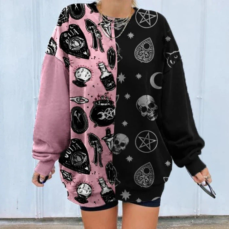 Skull Magic Witch Cartoon Print Patchwork Loose Sweater Sweatshirt Long Sleeve Pullover Goth Punk E-Girl Kawaii Korean Japanese Harajuku Streetwear