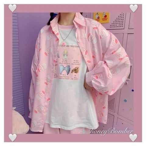 Cute Pastel Pink Strawberry Milk Yogurt Drink Blouse Long Sleeve Shirt Button Up Top Summer Casual E-Girl Kawaii Korean Japanese Harajuku Streetwear