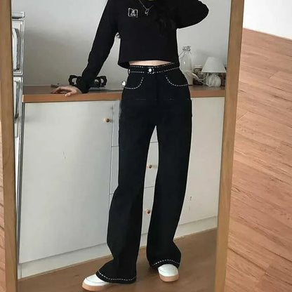 Floral Embroidery Black Cotton Pants