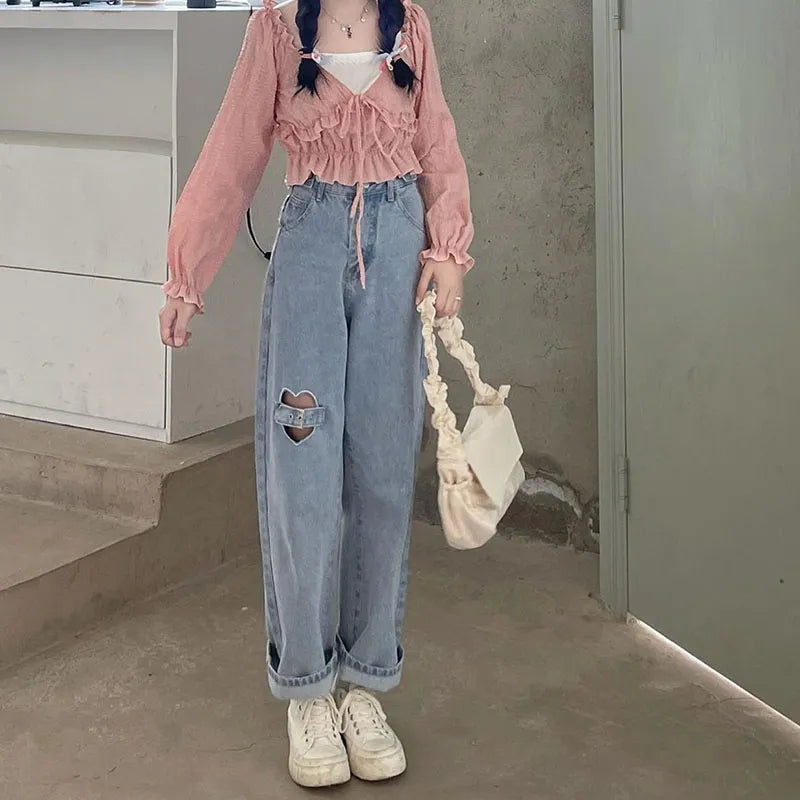 Heart Cut Out Buckle Light Blue Jeans