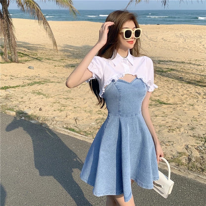 Cute Sexy French Sling Blue Denim A-line Waist Mini Dress Party Picnic Summer Aesthetic Casual E-Girl Kawaii Korean Japanese Harajuku