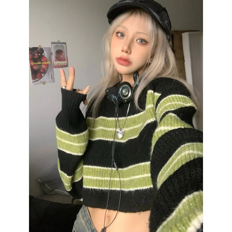 Green & Black Cropped Sweater