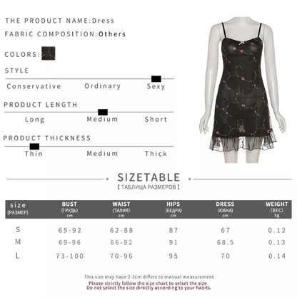 Cute Sweet Flower Mesh Embroidery V-neck Sling A-line Mini Dress Summer Aesthetic Casual E-Girl Kawaii Korean Japanese Harajuku