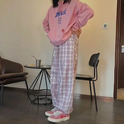 Cute Pastel Pink Checkered Plaid Pants Autumn Punk High Waisted Causal Loose Trouser Hip Hop Bottoms E-Girl Kawaii Korean Japanese Harajuku Streetwear