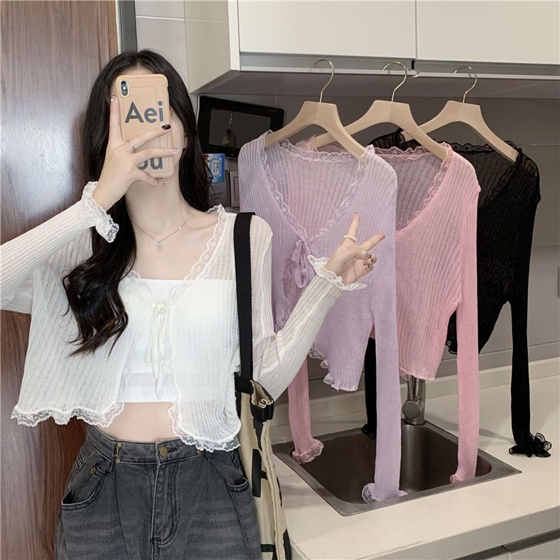Sheer Lace Long Sleeve Cropped Cardigan
