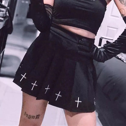 Cute Black Cross Print Goth Punk Pleated High Waisted Mini Skirt Bottom E-Girl Kawaii Korean Japanese Harajuku Retro Streetwear