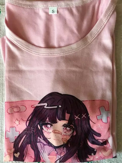Cute Sweet Vintage Black Anime Girl Cartoon Print Short Sleeve Shirt Oversize Loose T-shirt Top Goth E-Girl Kawaii Korean Japanese Harajuku Streetwear