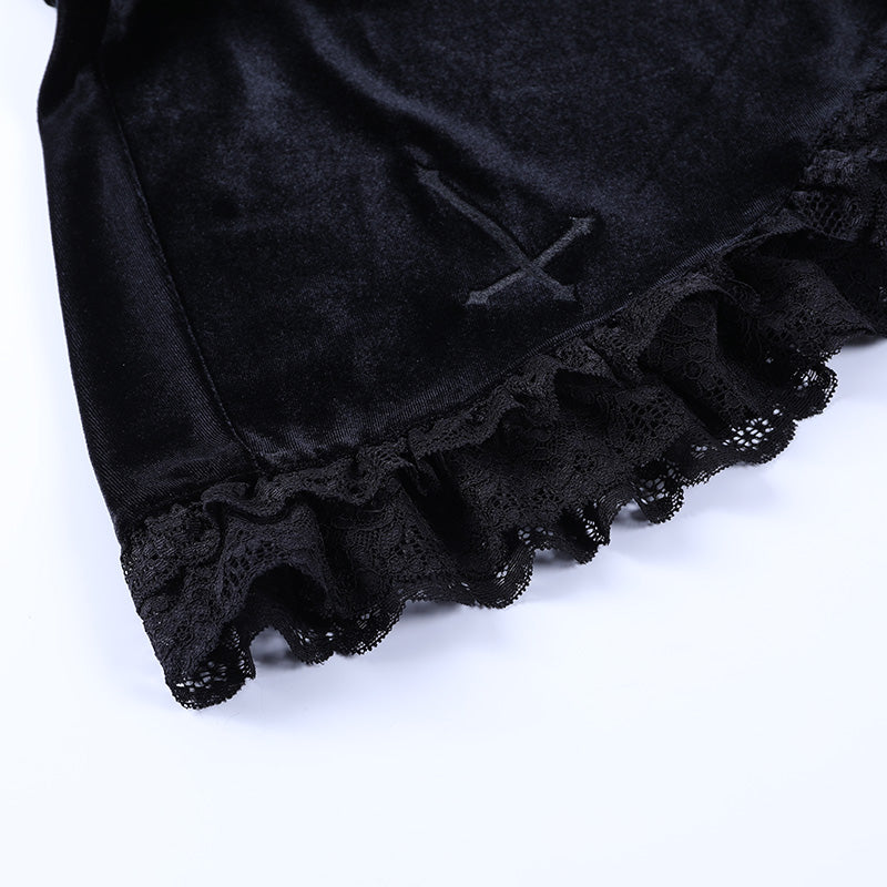 Cute Sexy Goth Black Cross Skirt Vintage Lace Trim A-Line Grunge Punk High Waist Ruffle Summer E-Girl Kawaii Korean Japanese Harajuku Streetwear