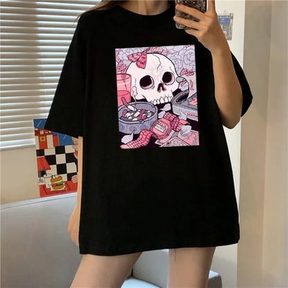 Cute Black Skull Goth Punk Print Cartoon Loose Short Sleeve Short T-shirt Tee Top Summer Casual E-Girl Kawaii Korean Japanese Harajuku Streetwear