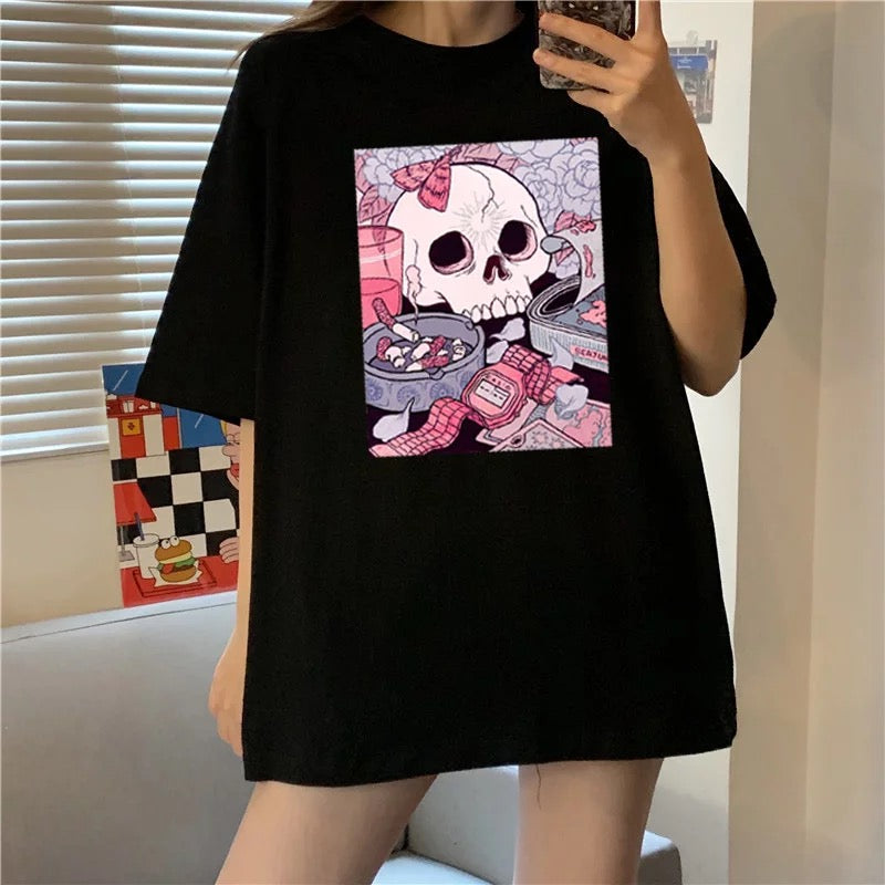 Cute Black Skull Goth Punk Print Cartoon Loose Short Sleeve Short T-shirt Tee Top Summer Casual E-Girl Kawaii Korean Japanese Harajuku Streetwear