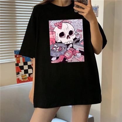 Cute Black Skull Goth Punk Print Cartoon Loose Short Sleeve Short T-shirt Tee Top Summer Casual E-Girl Kawaii Korean Japanese Harajuku Streetwear