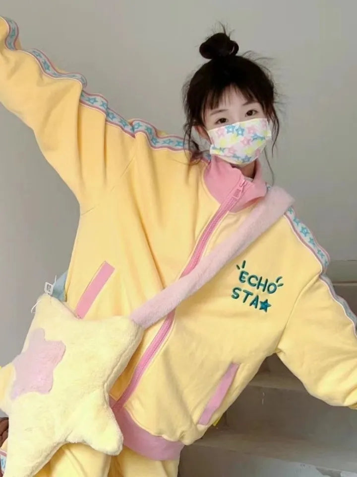 Yellow Y2K Star Embroidery Zip Up Jacket