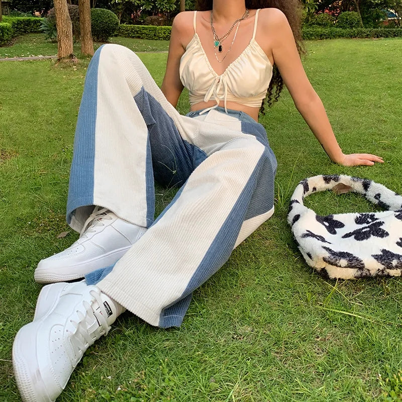 Blue Patchwork Corduroy High Waist Trousers