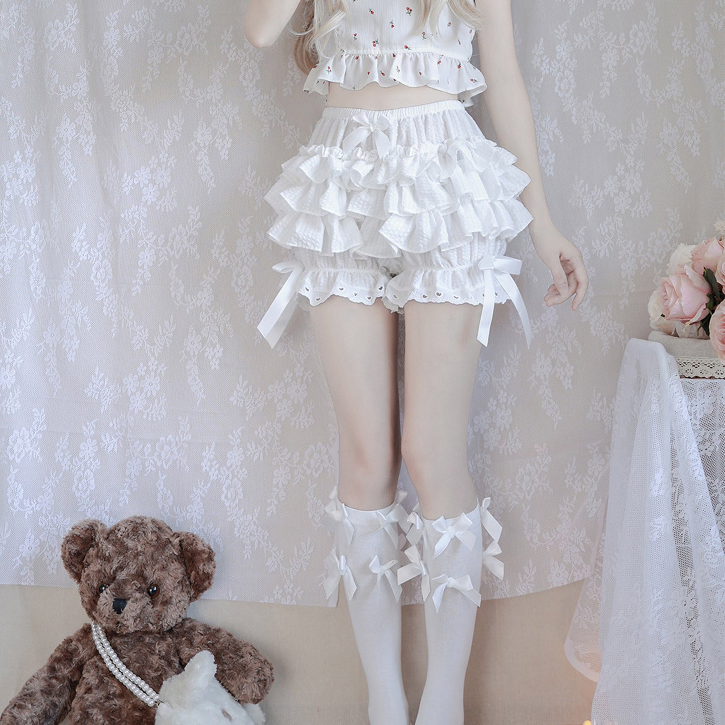 White Frilly Lace Ruffle Bloomer Shorts