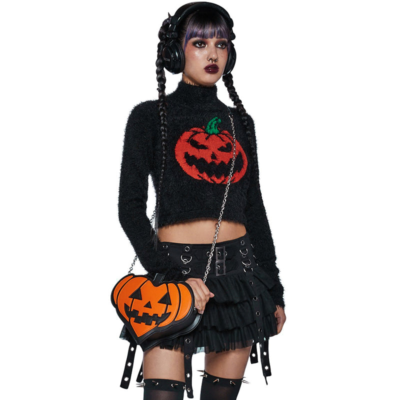 Black Fluffy Pumpkin Turtleneck Sweater
