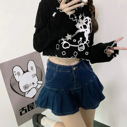 Cat Off Shoulder Frill Long Sleeve Shirt