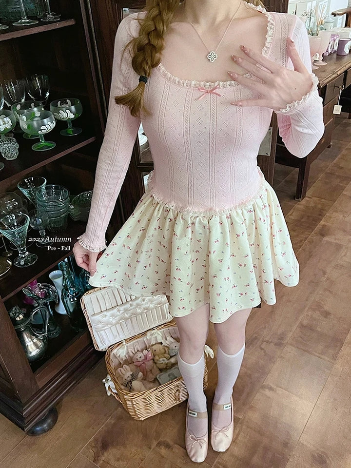 Pink Bow Lace Trim Long Sleeve Shirt