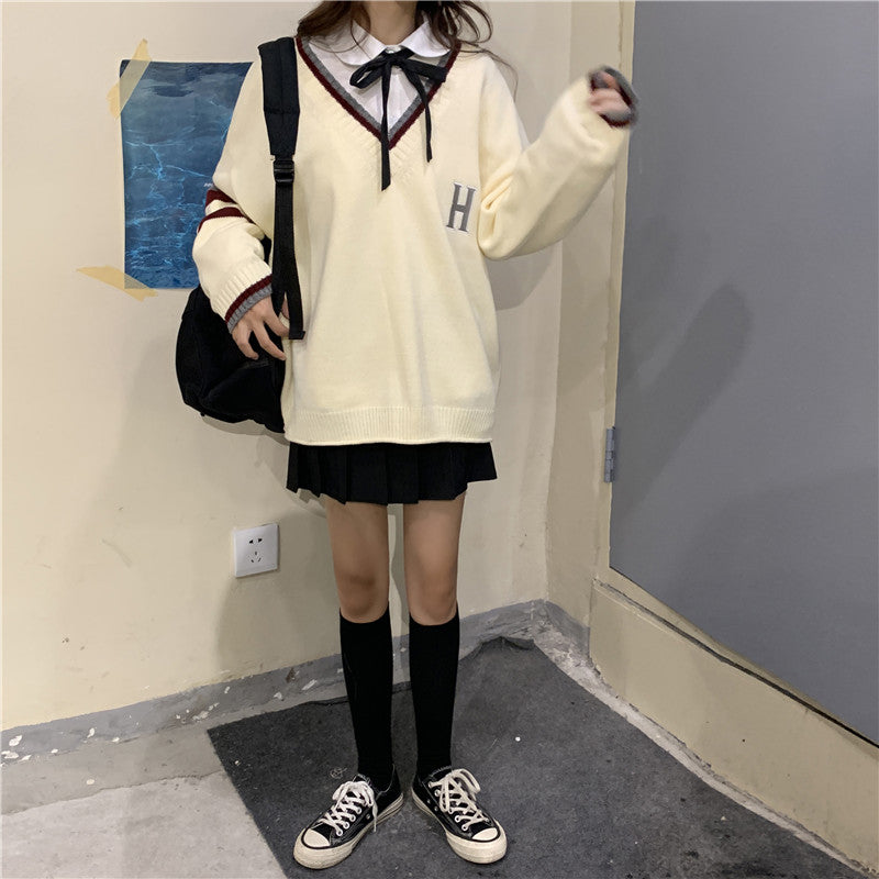 Cute Vintage Preppy V Neck Oversized Sweater Long Sleeve Shirt Pullover Hoodie Sweatshirt E-Girl Kawaii Korean Japanese Harajuku Retro Streetwear
