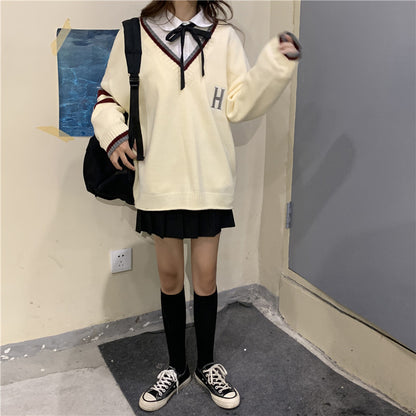 Cute Vintage Preppy V Neck Oversized Sweater Long Sleeve Shirt Pullover Hoodie Sweatshirt E-Girl Kawaii Korean Japanese Harajuku Retro Streetwear
