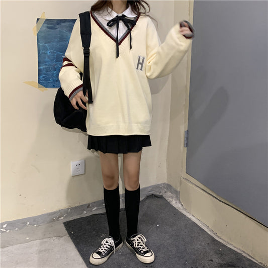 Cute Vintage Preppy V Neck Oversized Sweater Long Sleeve Shirt Pullover Hoodie Sweatshirt E-Girl Kawaii Korean Japanese Harajuku Retro Streetwear